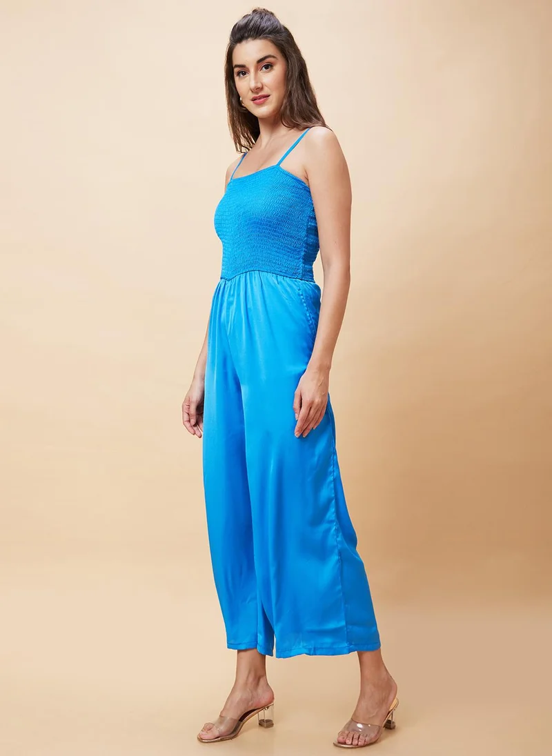 globus Blue Globus Women Blue Shoulder Strap Smocked Basic Jumpsuit for Women | Best Price UAE